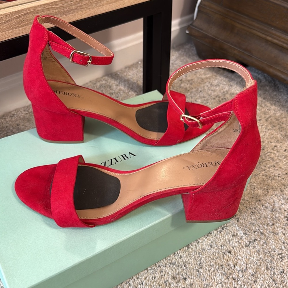 Merona Red Suede Block Heels Sandals - Picture 9 of 9